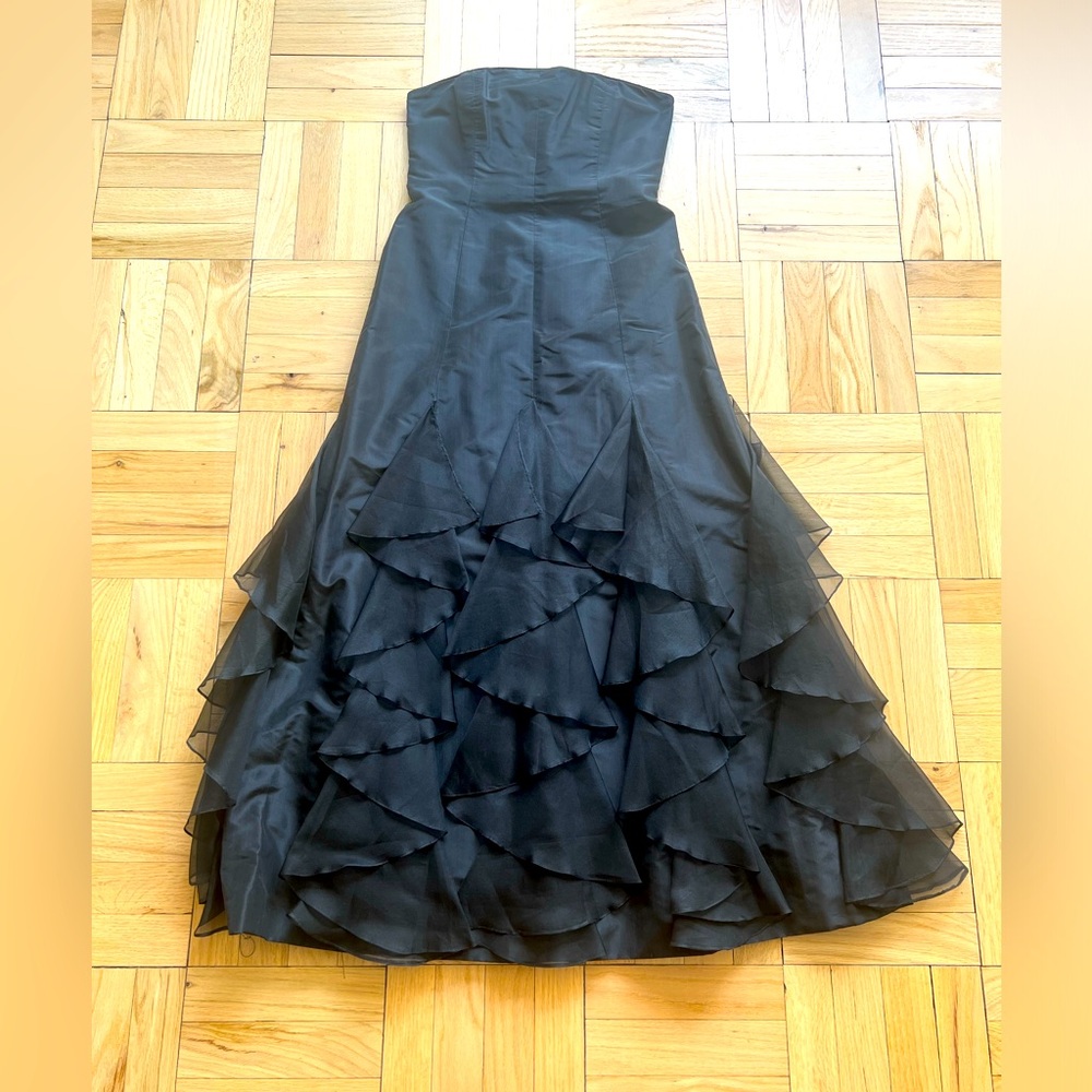 Pilar Rossi strapless black evening dress w/ sheer handkerchief detail. Size 10